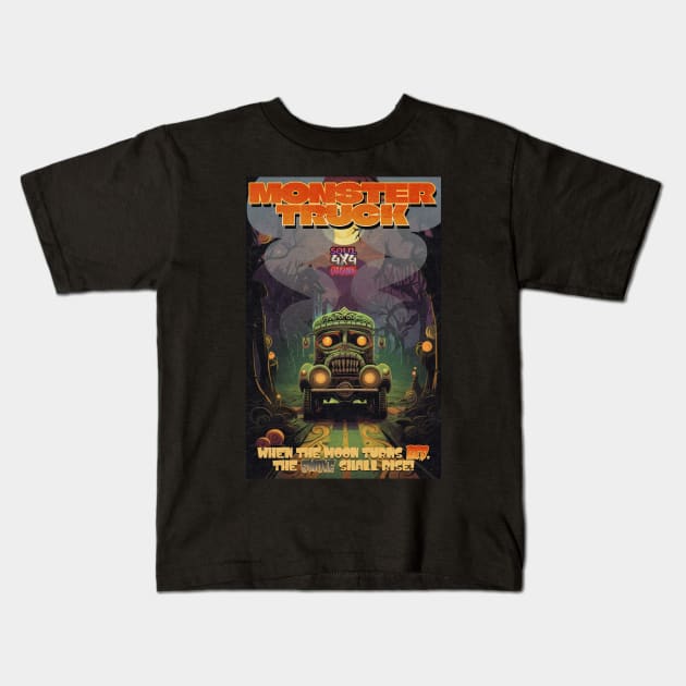 Halloween Monster Truck Red Moon, Smoke Rising Kids T-Shirt by DanielLiamGill